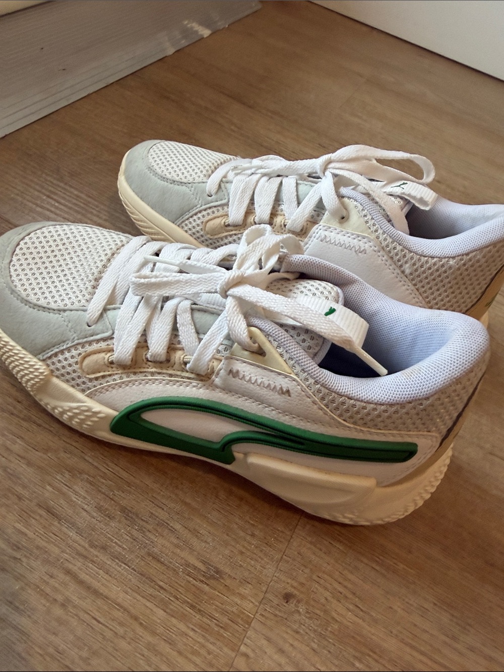 Puma White and Green Kids Casual Lace-Up Sneakers